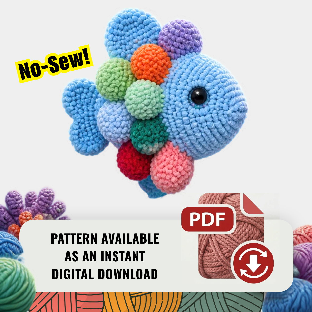 Crochet fidget fish pattern cover with No-Sew stamp and instant digital download note