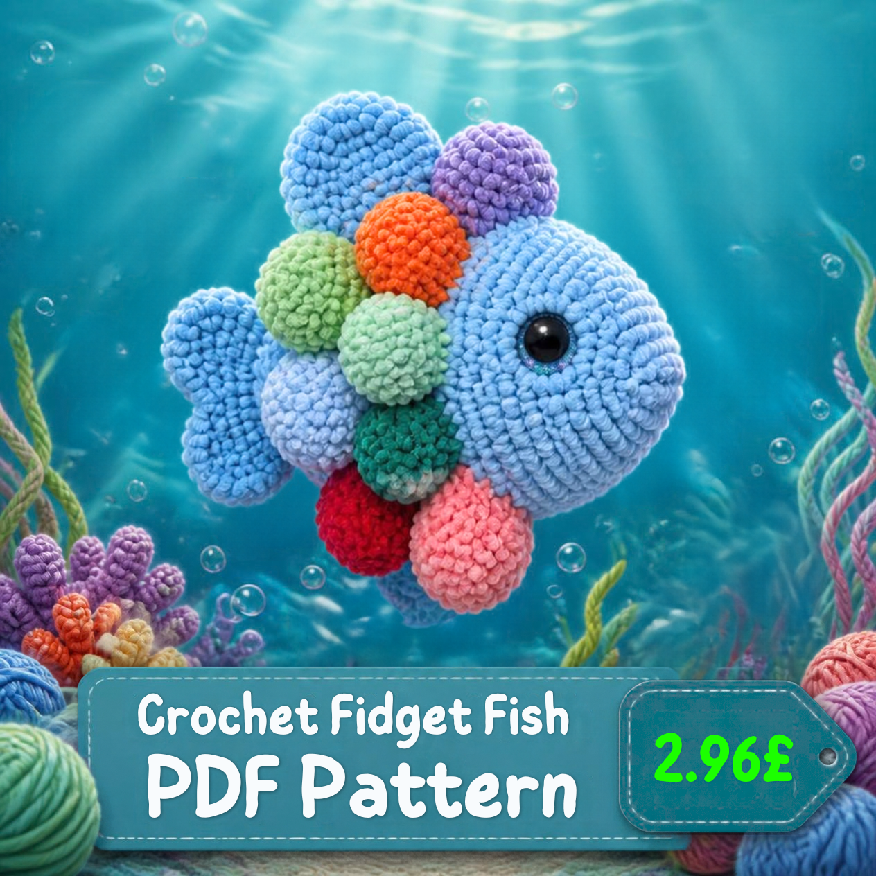 Crochet fidget fish swimming in a pastel underwater scene