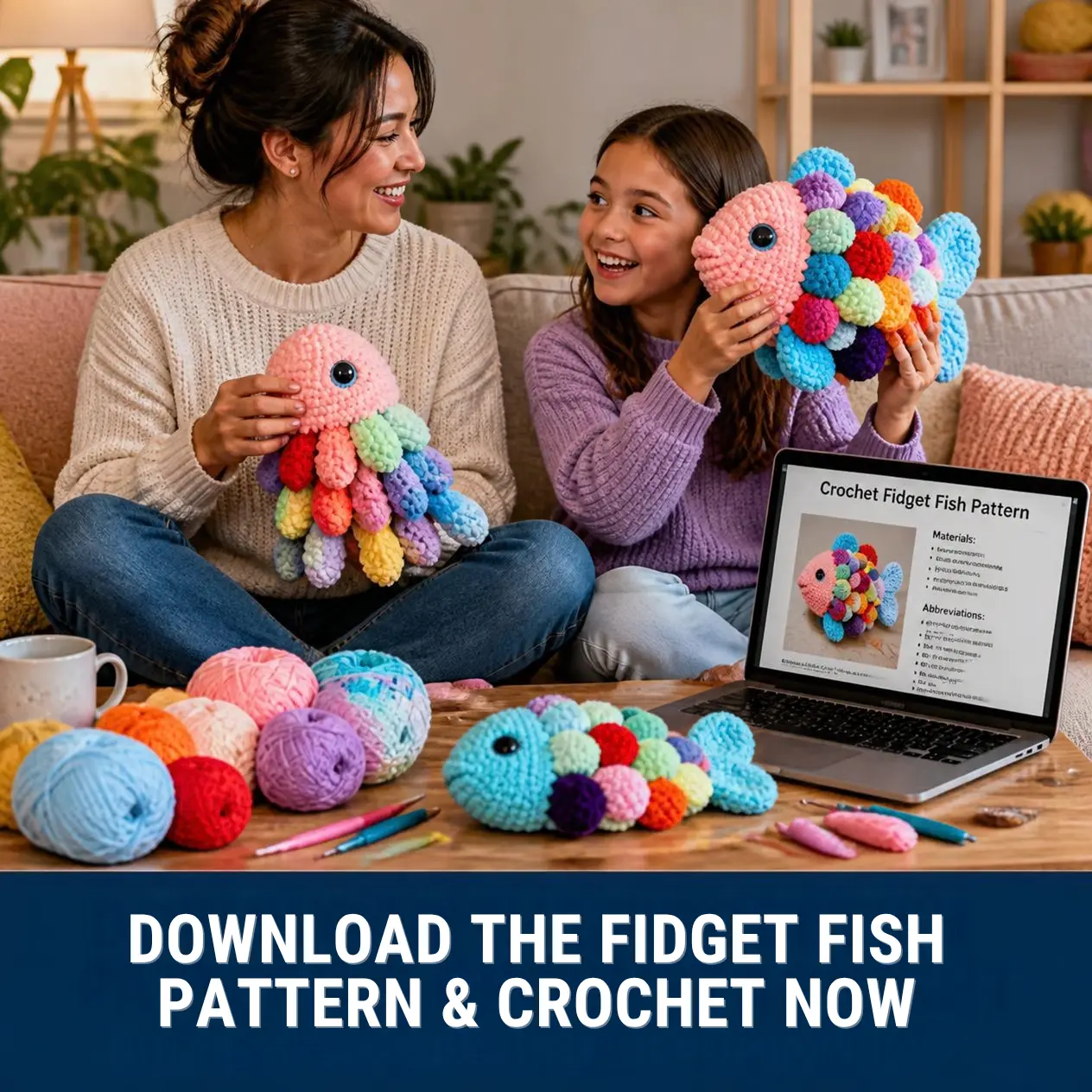 A mom and daughter holding the finished crochet fidget fish