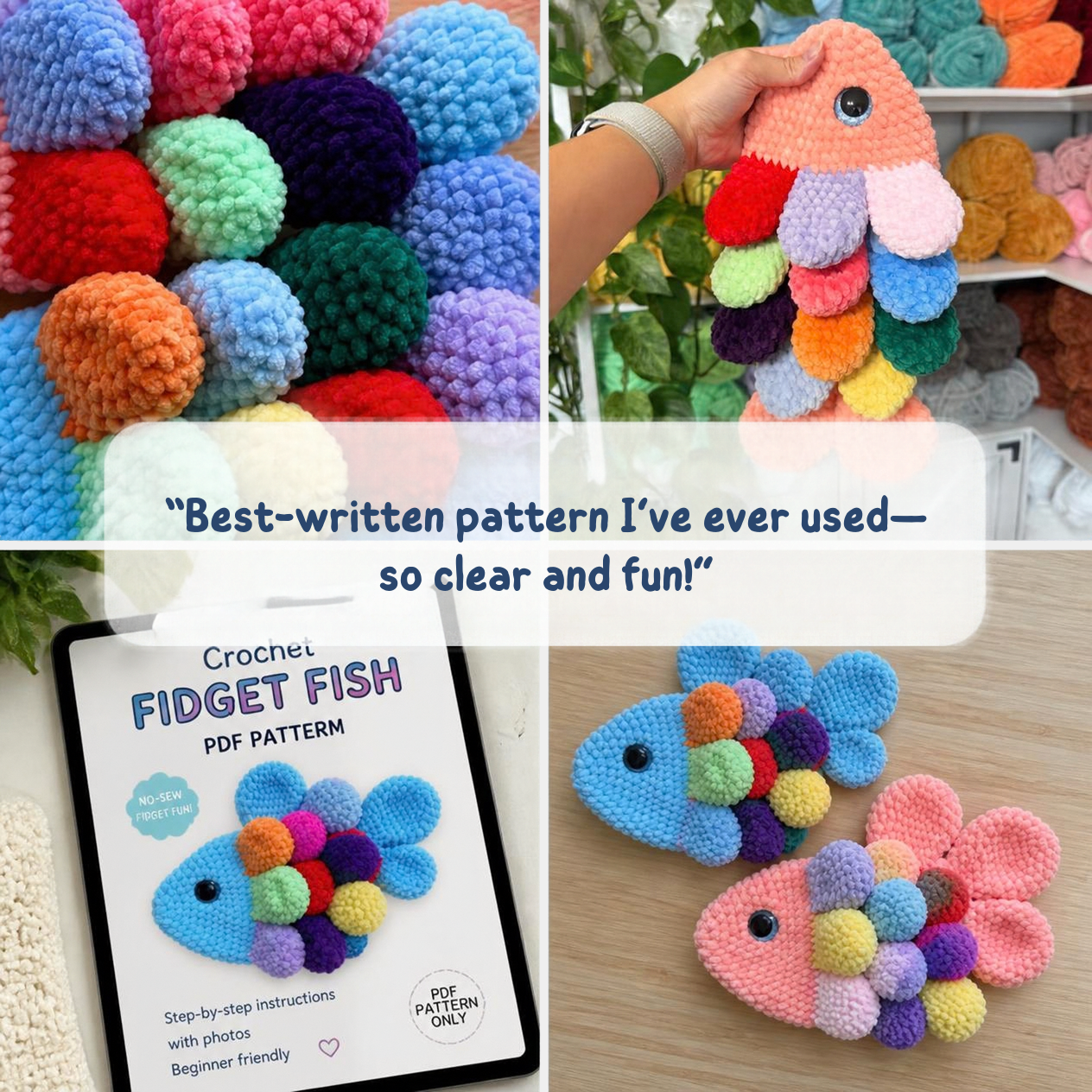 Four-photo collage of the crochet fidget fish with a customer review quote
